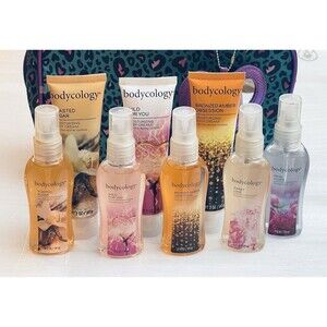 Bodycology 8pc Lot Travel Size Body Mists & Creams 2 oz Each + Cosmetic Bag